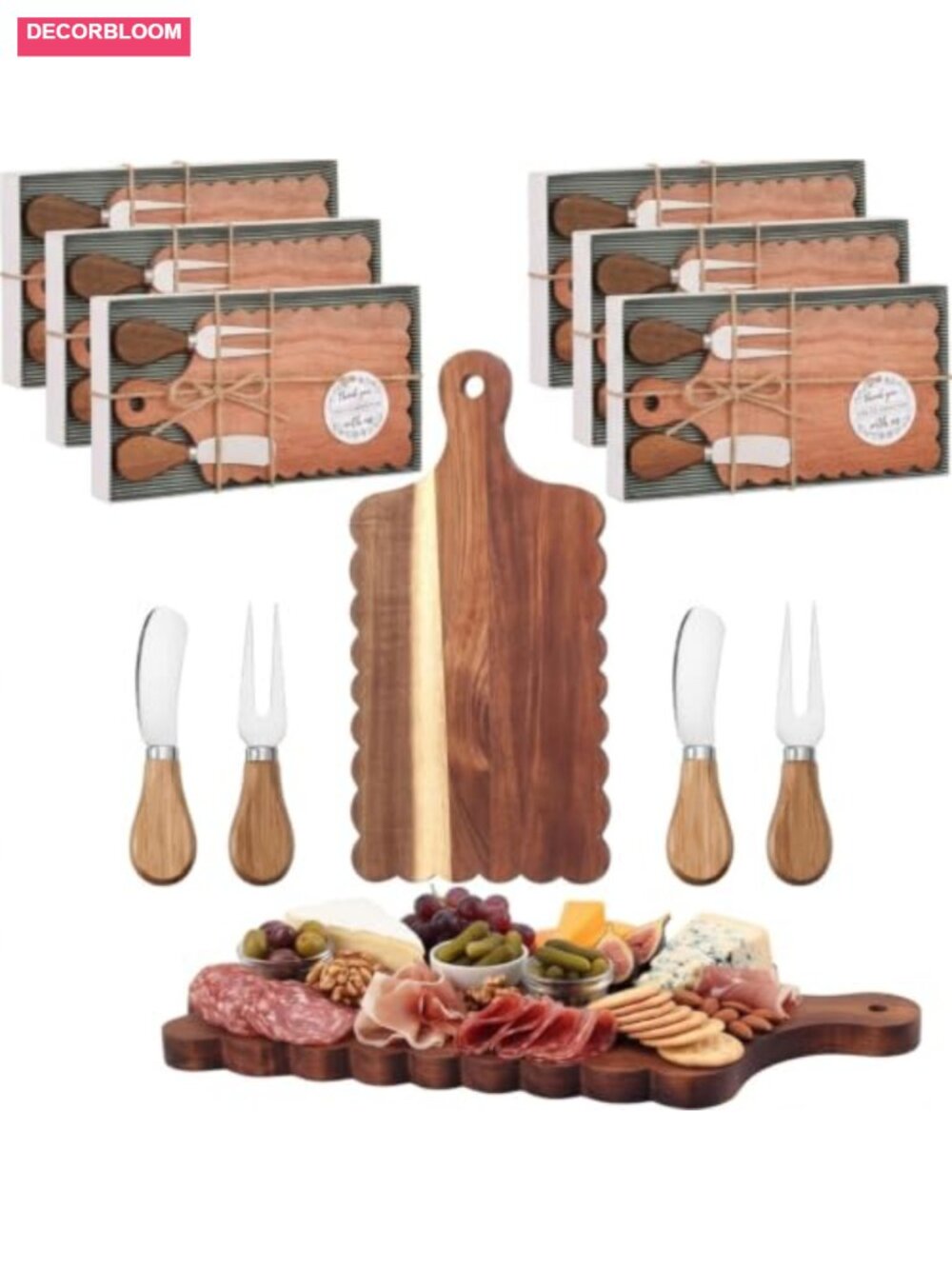 Acacia Wood Cheese Board Set 6 Scalloped Charcuterie Boards Knives Gift Boxes